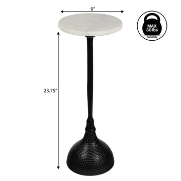 Ava 23.75" Art Deco Contemporary Metal Pedestal Drink Table and Decorative End Table with White Marble Round Top and Hammered Base